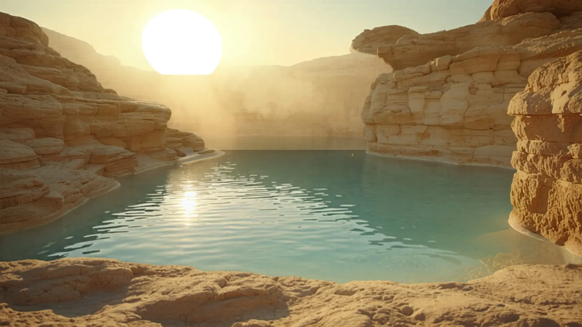 Steam rising over a hot spring at sunrise, warm golden light over misty thermal water
